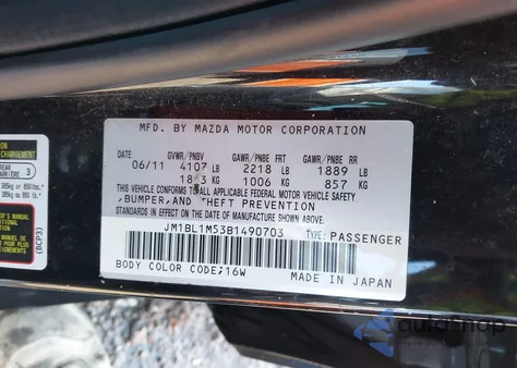 2011 Mazda Mazda3 S Grand Touring z USA, uszkodzony, nr VIN JM1BL1M53B1490703
